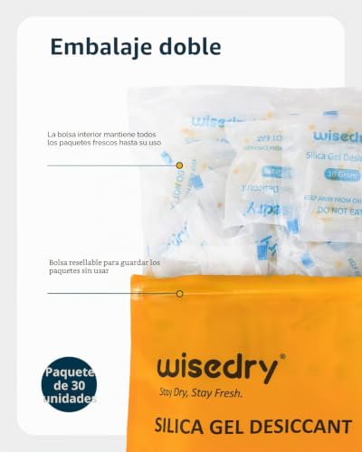 wisedry 10g x 30 Packs Silica Gel Sachets with Orange Pearl Humidity Indicator Dehumidifiers, Food Grade