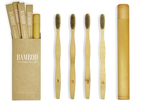 image for SisterNorth 100% Natural Bamboo Toothbrush Set of 4 + Bamboo Travel Ca