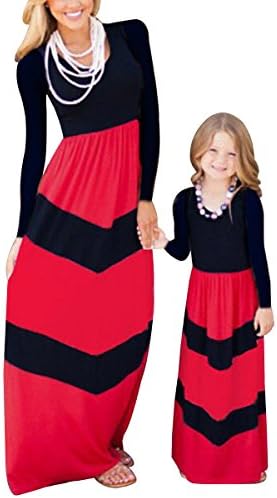 Mommy and Me Matching Dresses Long Sleeve Striped Casual Print Tank Maxi Dress Family Matching Clothes