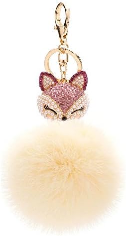 WongSinTong Novelty Pearl Fox Head with Rabbit Fur Ball Charm Key Chain for Car Key Ring or Bag (Beige)