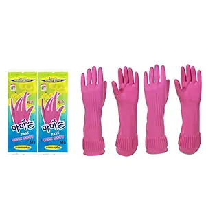 (Pack of 2 Paris) Mamison Kitchen Gloves Medium Pink, Cleaning Rubber Gloves Home and Kitchen for Cooking, Waterproof Reusable Elastic Rubber Gloves
