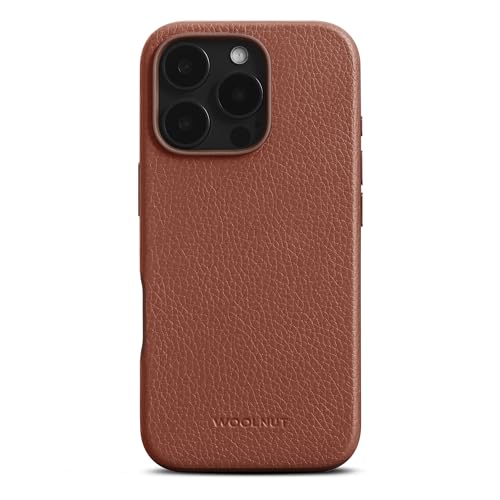 Woolnut Custodia in pelle per iPhone 16 Pro - Marrone - Lussuosa custodia in pelle pieno fiore scandinava, compatibile con MagSafe, design sottile con protezione per fotocamera, display e bottoni in