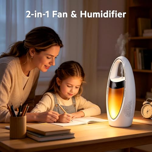 Acemall Ventilador sin Aspas 35cm Portátil Inalámbrico de 4000 mAh Ventilador de Torre con humidificador y 9 Velocidades & luz nocturna y temporizador y 70° Oscilante para dormitorio, oficina, hogar