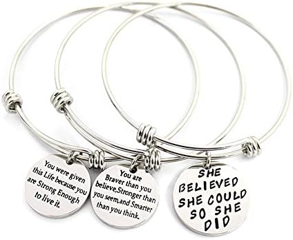 Love AndaraSet of 3 Womens Silver Plated Stainless Steel Metal Bracelets Engraved Message Motivational Inspirational Words Round Charm Pendant Adjustable Bracelets