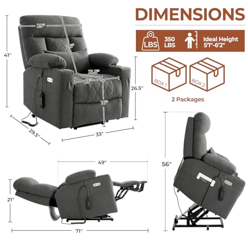 Power Lift Recliner Chair for Elderly with Adjustable Headrest, Triple Motor Zero Gravity Recliner Chairs for Adults with Massage & Heat, Extended Footrest, Cup Holder, Lumbar Pillow, Fabric (Grey)