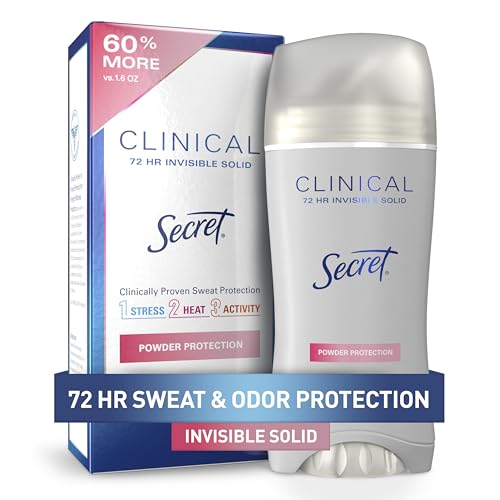 Secret Clinical Strength Antiperspirant Deodorant for Women, 3X Stress Protection, 72hr Sweat & Odor Protection, PH Balancing Minerals, Invisible Solid, Powder Protection Scent, 2.6 oz