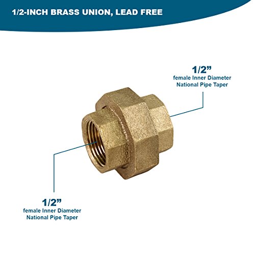 Everflow BRUN0012-NL 1/2 Inch Lead Free Brass Union For 125 Lb Applications, With Female Threaded Connects Two Pipes, Brass Construction, Higher Corrosion Resistance Economical & Easy to Install