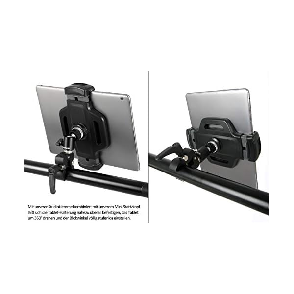 PHOTECS® Universal Tablet-Halterung Pro V3, Befestigung & Halter f. iPad Pro 12.9" oder andere Tablet PC von 6 bis 14 Zoll z.B. an Stativ-Rohren, Notenständer, PKW-Kopfstütze, Ergometer etc. – Bild 3