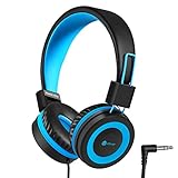iClever Kids Headphones - Wired Headphones Kids, Adjustable Headband, Stereo Sound, Foldable, Untangled Wires, 3.5mm Aux Jack, 94dB Volume Limited - Childrens Headphones on Ear, Blue (Black)
