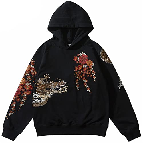 Sweatshirt Hip Hop Streetwear Embroidery Dragon Flower Pullover