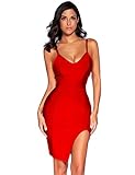 Meilun Deep V Neck Strappy Splitting Club Party Bandage Dress Red S