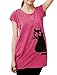 Allegra K Lady Round Neck Short Sleeve Cat Prints Loose Tunic Top L Fuchsia