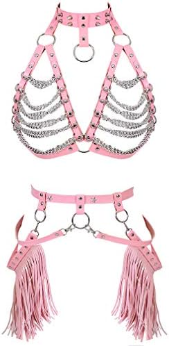 Leather Body Harness Set Metal Chain Bra Underwear Punk Gothic Tassel Garter Belt