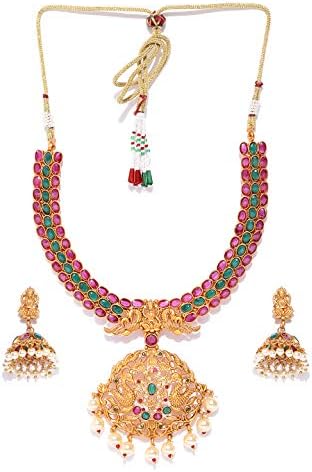 Indian Bollywood Temple Jewelry Pendant Style Gold Plated Polki Necklace Set