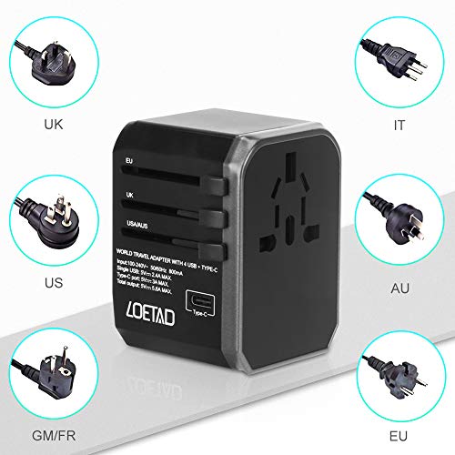 LOETAD Travel Power Adapter Universal All in One Wall Charger International AC Power Plug Adapter with 3.0 A Type C and 4 USB for UK USA EU AUS Asia