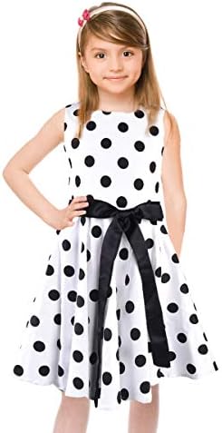 Vintage Girls White Dresses Polka Dot Swing Rockabilly Dresses with Ribbon Party Dress for Occasion