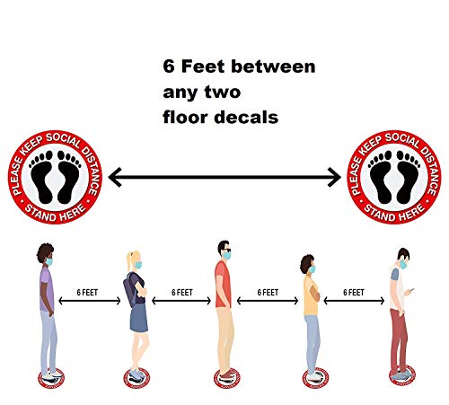 Social Distancing Floor Decals [10 Pack, 12\'\'], SZSY Waterproof Social Distancing Sign Adhesive Vinyl Safety Floor Stickers – Stand Here – for Business Work Hanging Out (Red)