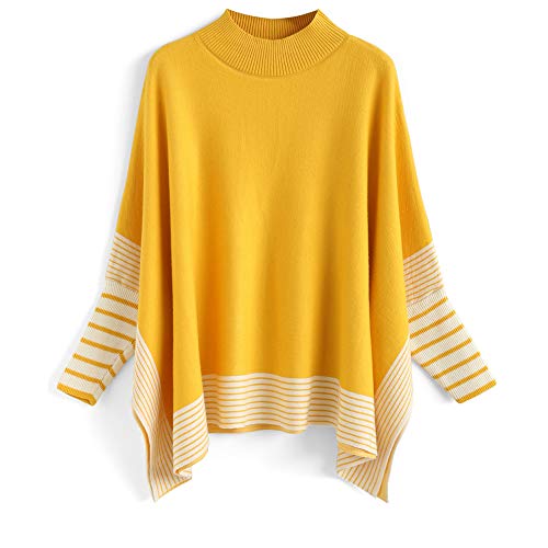 CHICWISH Women's Mustard Striped Oversize Soft Knit Cape Sweater