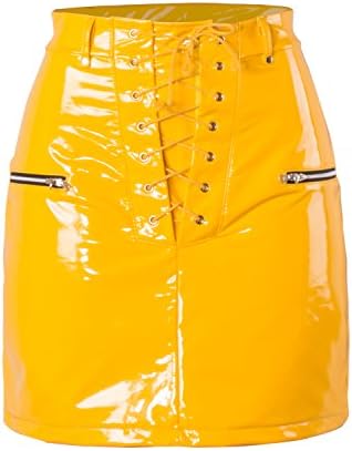 Women's Party Bright PU Leather Skirts High Waist Bodycon Lace up Skirts