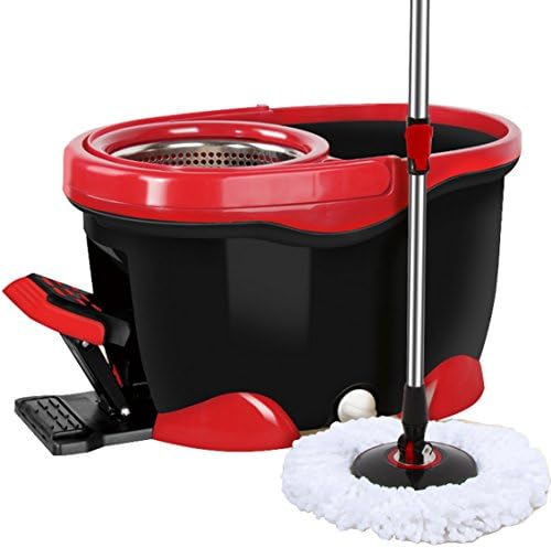 Fashome Stainless Steel Deluxe Rolling Microfiber Spin Mop & Bucket Floor Cleaning System with 2 Microfiber Mop Heads & 1 Scrub Brush & 1 Chenille Mop Pad & 1 Extension Handle
