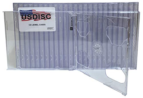 USDISC CD Jewel Cases Standard 10.4mm Smart Tray, Double 2 Disc, Clear, Pack of 25