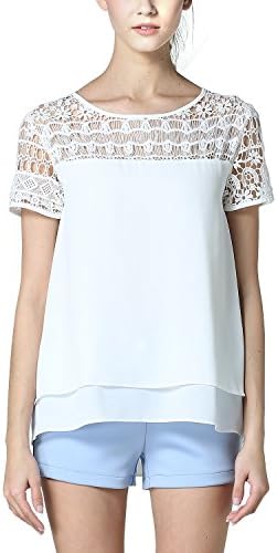 BLDO Women's Short Sleeve Lace Patchwork Short Loose Chiffon Blouse White (S,Long White)