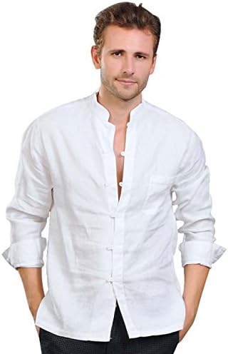Qiuse Men's Linen Mandarin Collar Roll-Up Sleeves Hidden Buttoned Shirt (X-Large, white2)