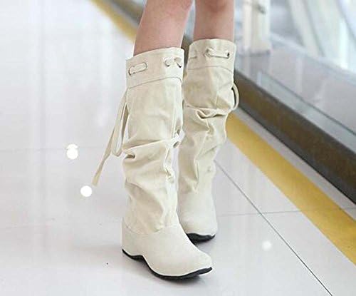 Slouch Boots Mid-calf Boots 4cm Wedge Heel Knight Boots Women Handsome Round Toe Drawstring Cowboy Boots Eu Size 32-43