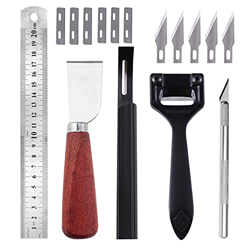 PLANTIONAL Metal Leather Skiver Set, 5 Kinds of Leather Working Tool with 6 Pieces Sharp Skiver, Safety Beveler DIY Cutting Tool Kits for Craft Making