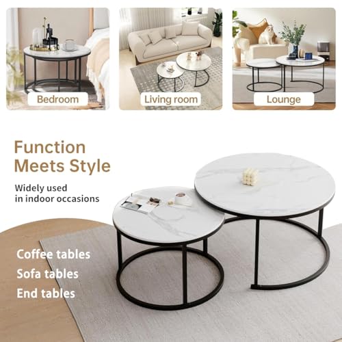 Zucng Nesting Tables Removable Set of 2 End Table, Round Coffee Tables with Gold Metal Frame Legs and Faux Marble Coffee Table Wooden for Living Room, Bedroom, Office, Balcony, Apartment (White)