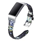 Minfex Compatible with Fitbit Charge 3 & Charge 3 SE Bands, Retro Genuine Leather Band Replacement Strap Sport Wristband for Charge 3 Fitness Tracker Women Men Small Large (Blue Flower, Small)