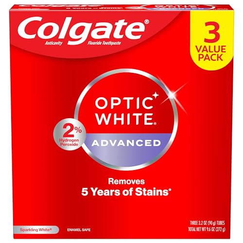 COLGATE OPTIC WHITE ADVANCED HYDROGEN PEROXIDE TOOTHPASTE, TEETH WHITENING TOOTHPASTE PACK, ENAMEL-SAFE FORMULA, HELPS REMOVE TEA, COFFEE, AND WINE STAINS, SPARKLING WHITE, 3 PACK, 3.2 OZ