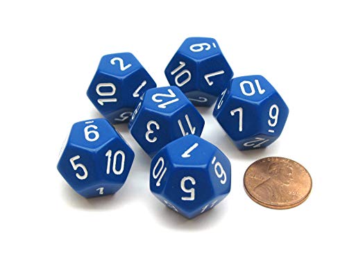 Chessex Opaque 18mm 12 Sided D12 Dice, 6 Pieces - Blue with White