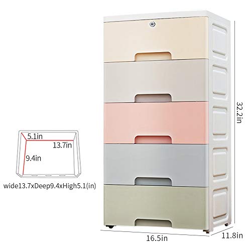 Nafenai Movable Storage Cabinet,Home Furniture Organizer Colorful 5 Drawer Storage Cart with Lock,Bedroom Dresser Storage,16.5" L x 11.8" W x 32.2" H,Suitable for Kids'room