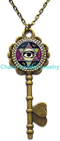 Ouija Board Key Necklace, Charming Quiji Board, Illuminati Key Necklace, Psychic Palm Reader Key Necklace, Halloween Key Necklace, Halloween Jewelry.D0098