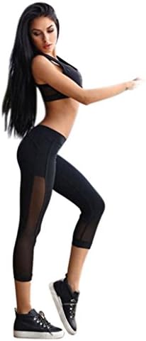kaifongfu Women Skinny Leggings ,Patchwork Mesh Yoga Leggings Women Fitness Sports Capri Pants (S, Black)