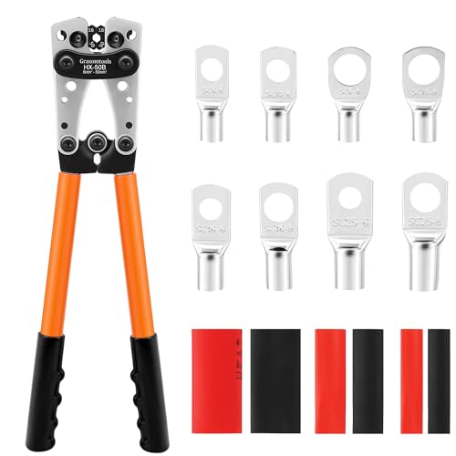 Battery Terminals Crimping Pliers with 60 pieces copper ring terminals, 8 sizes of terminals and 60 pieces heat shrink sleeves.