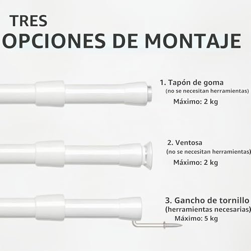 Venwemong 2 x Curtain Rod Tension 3 in 1 Extendable Without Drilling Spring 10 mm Adjustable 60 – 85 cm for Window Frames, Windows, Kitchen Cabinets, Shelves, Easy Installation without Construction