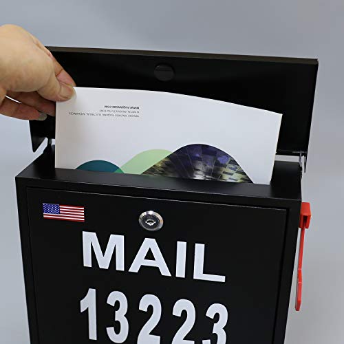 Wall Mount Locking Mailbox - Black Large Capacity Security House Numbers Mailbox - Waterproof Stainless Steel Vertical Drop Mail Box Outdoor with Keys