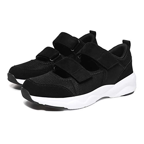 aeepd Women Fashion Trainers Walking Shoes Hook and Loop Adjustable Strap Arch Support Comfort Breathable Mesh Black