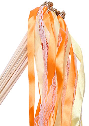 Wishprom 30pcs Lace Ribbon Wands Christmas Birthday Party Streamers Wands Fairy Stick for Wedding Activities (Orange+Lace)