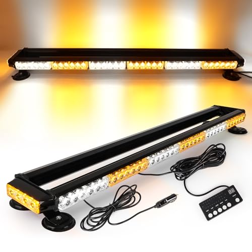 ROUTEKING 95 cm 80 LED Flashing Strobe Light Bar – 12 V/24 V Magnetic LED Beacon for Vehicle Car, Beacon with Magnetic Base (Amber/White/Amber)