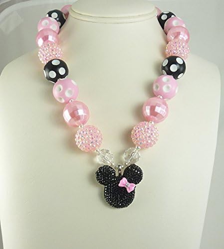 Baby, Toddler Bubblegum Necklace with add-on Bracelet, Infant's Chunky Beaded Neck wear, Girl's Pink and Black Minnie Mouse Pendant, Kids Fashion Jewelry, 1st Birthday, Cake Smash, Disney Vacation.