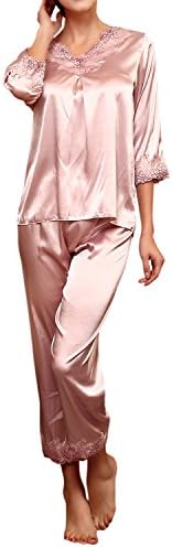 LAPAYA Women's Satin Pajama Sets 3/4 Sleeve V Neck Lace Trim Two Piece Sleepwear, Pink, Tag Size XXL=US Size L