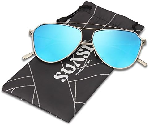 SUASI Womens' Sunglasses Metal Polygon Flat Top Aviator Sunglasses for Mens 60020 (silvery, polarized blue)