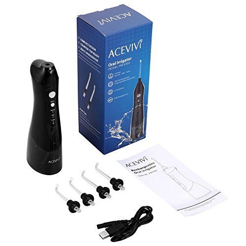 ACEVIVI Water flosser Oral Irrigator for Teeth with 4 Jet tips Cordless Rechargeable Portable Power Dental Flosser (180ml, Black)