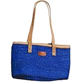 SAWA SAWA Nourishment Rectangular Handmade Laptop Work Sisal Straw Blue Basket Tote Handbag, Beach Bag, Canvas Tote with Leather Handles, Makeup Bag, Travel Tote Bags, sisal Shoulder Purse for Women