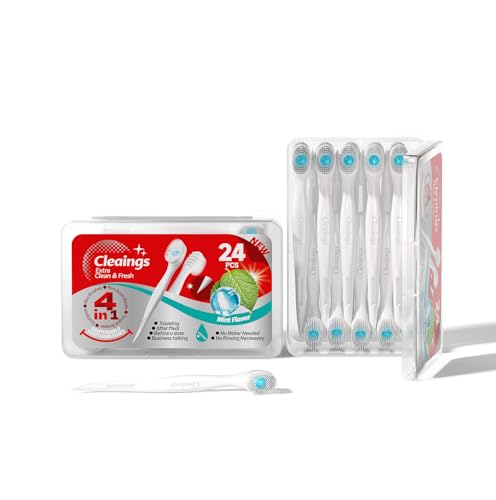 cleaings Disposable Travel Toothbrush 24 Count, 4-in-1 Mini Toothbrush with Toothpaste, No Water Needed with Built-in Flavor Beads & Tongue Cleaner & Toothpick for On the Go Travel, Mint Flavor