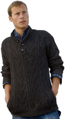 West End Knitwear 100% Irish Merino Wool Traditional Button Neck Aran Sweater by, Charcoal Gray, Small