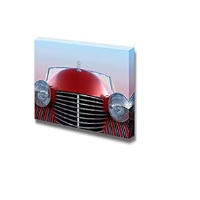 Canvas Prints Wall Art - Front View of Red Retro Car Over Blue Sky Background | Modern Wall Decor/Home Decoration Stretched Gallery Canvas Wrap Giclee Print. Ready to Hang - 12" x 18"